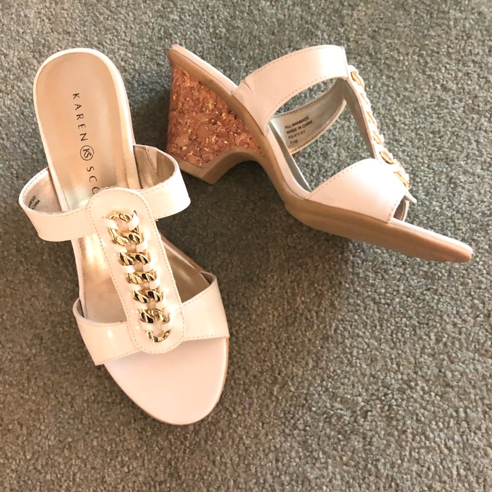 White sandals 2 1/2 inch cork heel